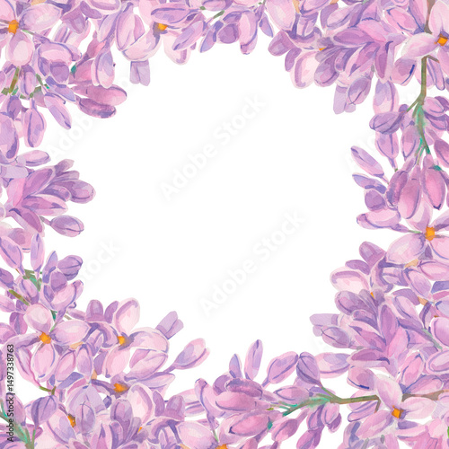 Lilac flower on white background. Watercolor square frame with copy space. Spring hand-drawn purple flower for wedding celebration card. Botanical summer art for wrapping and wallpaper.
