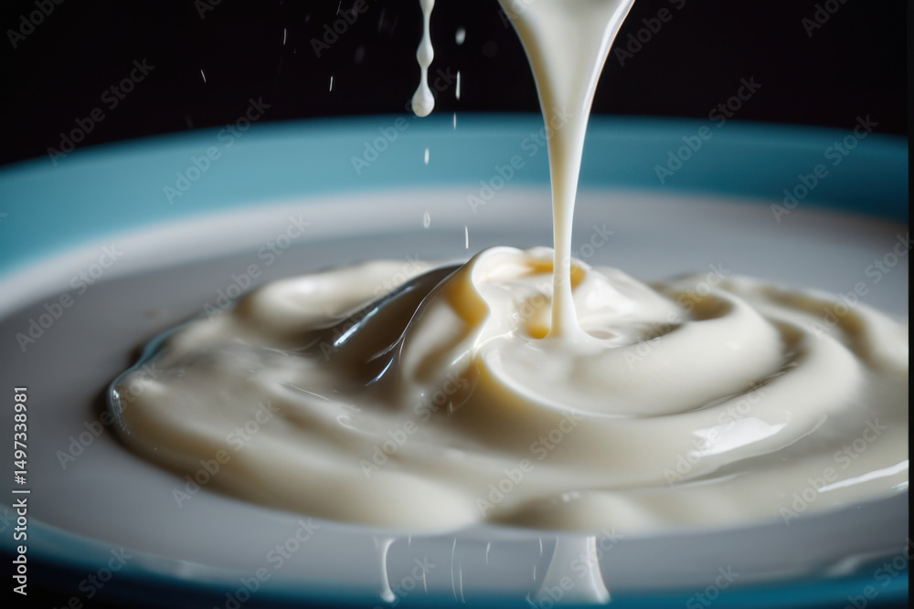 A spoon pours milk into a bowl, ready for breakfast or snack A spoon pours milk into a bowl, ready for breakfast or snack