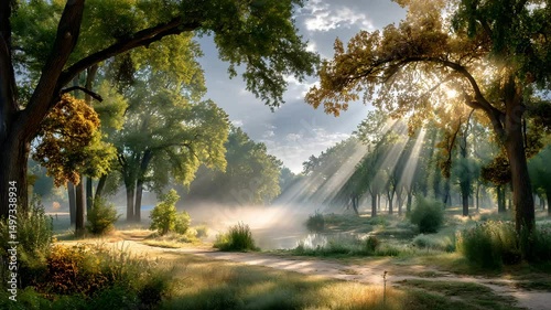 sunbeams piercing fog in peaceful autumn forest morning sunbeams in autumn forest, morning sunbeams in autumn forest, morning sunbeams in autumn forest with fog natural light rays creating serene 