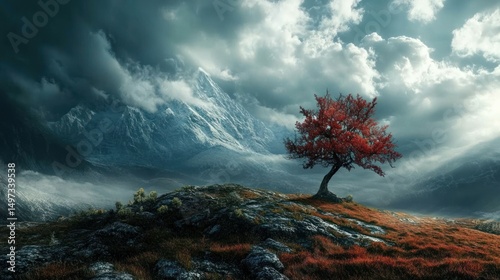 Solitary Red Tree on Mountaintop