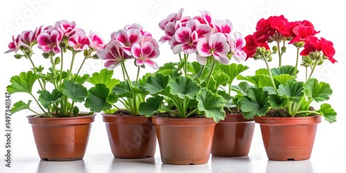 Pelargonium zonal seedlings in plastic flower pots, foliage, flowers,  foliage, flowers, plants, blooming