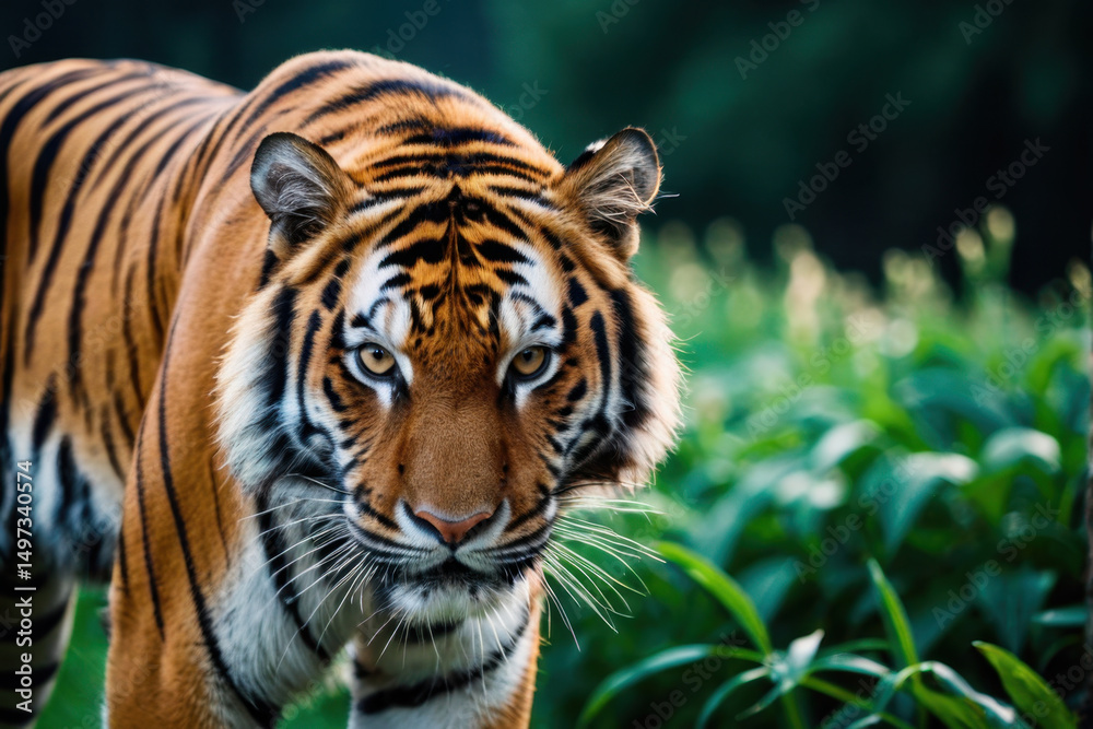 Obraz premium A tiger walking through a lush green field, looking around