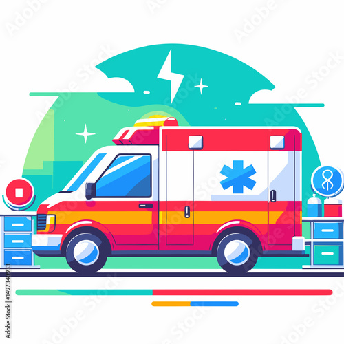 Colorful Ambulance Illustration with Medical Icons