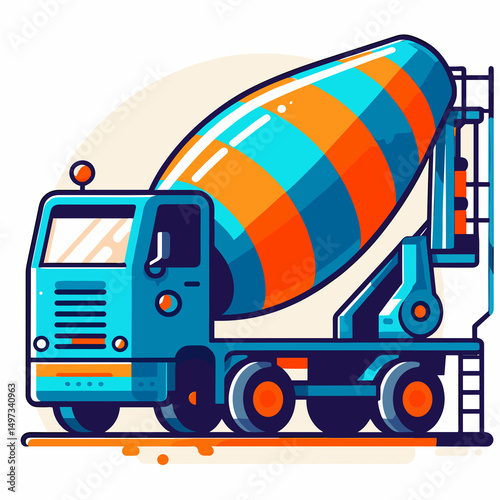 Colorful concrete mixer truck in a modern flat design style  