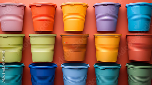 Colorful plastic buckets arranged in neat rows against a warm, orange wall.