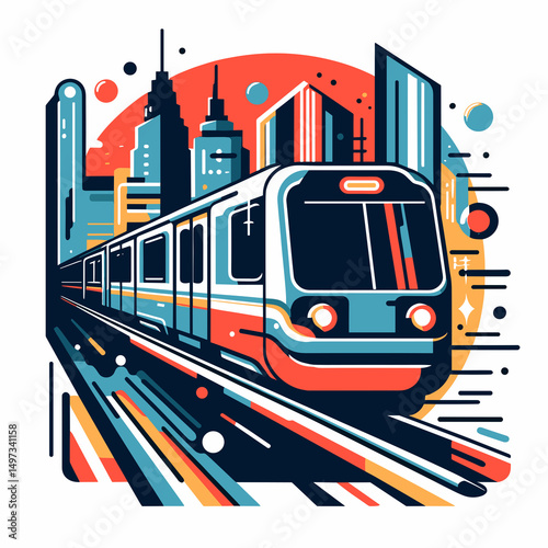 Retro Train Illustration with Cityscape Background