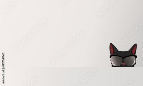 Black Cat with Sunglasses Peeking Over Wall, Vector Illustration with Left Side Copy Space for Ads or Posters