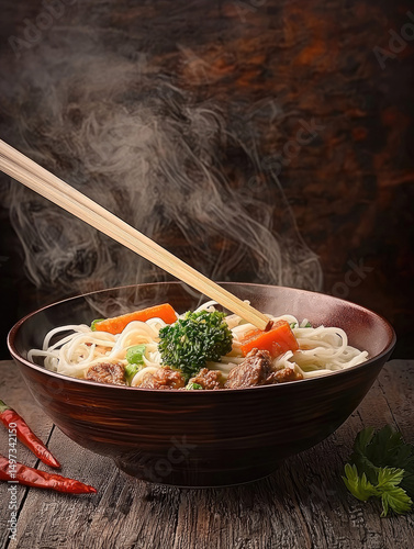 Steaming bowl of beef noodle soup with chopsticks, carrot, broccoli, and fresh herbs on rustic table