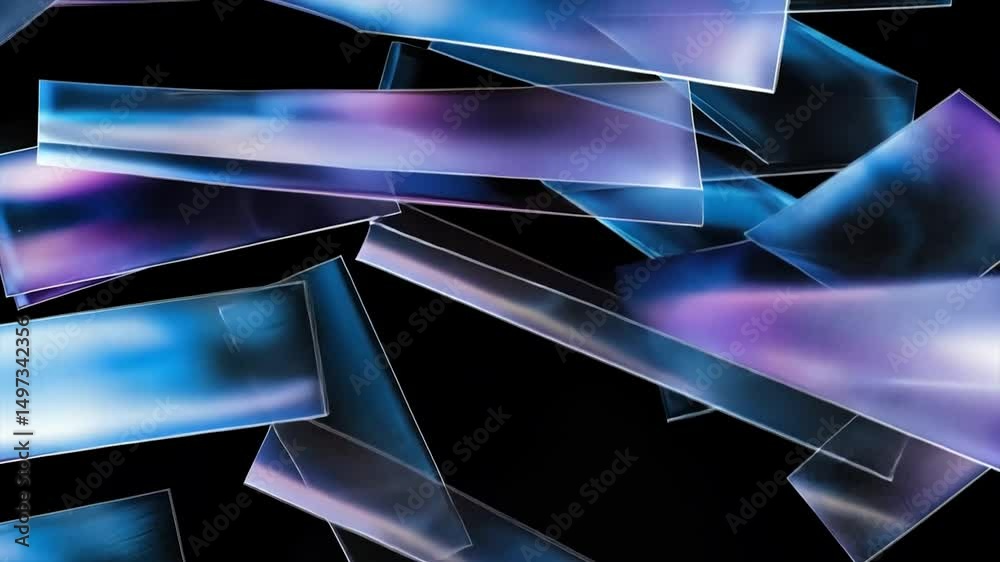 Abstract iridescent sheets overlap on black; design background