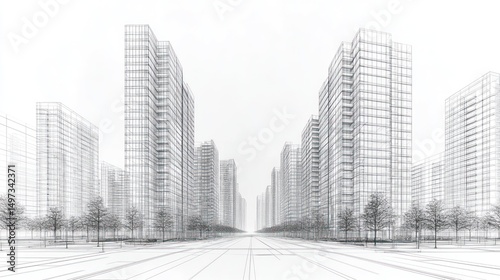 Architectural Wireframe Cityscape: Modern Urban Design Sketch