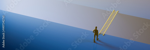 A man walking to a gap in the floor bridged by a ladder. Concept for taking risks, courage, the way forward. Web banner format