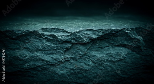Dark Grunge Stone Wall Textured Close Up Background in Blue and Green Tones