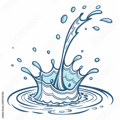Dynamic illustration of a water splash displaying fluid movement with water drops and ripple effects in blue tones.