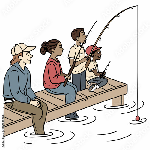 Diverse group of friends fishing together on a pier enjoying a sunny day with fishing rods and bait.
