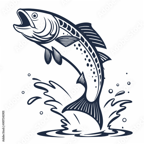Elegant graphic of a fish leaping out of water with a clean silhouette suitable for print and design projects