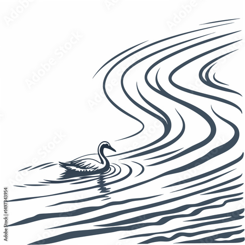 Elegant minimalist illustration of a swan swimming in water with abstract lines on a white background