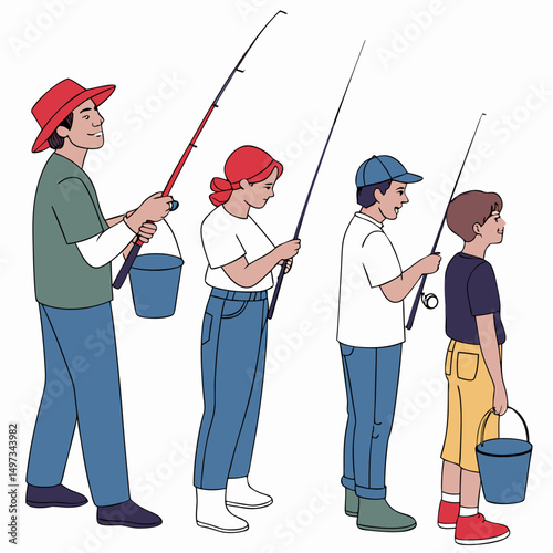Family enjoying a fishing trip together depicted in a simple and colorful flat illustration style