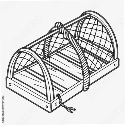 Hand drawn black and white isometric illustration of a traditional garden cloche for plant protection on white background.