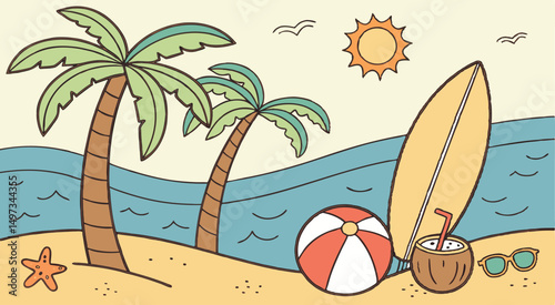A cartoon illustration of a beach scene with a beach scene with a beach scene and palm trees
