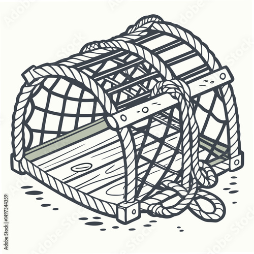 Hand drawn illustration of a traditional fishing trap with rope on a white background suitable for design