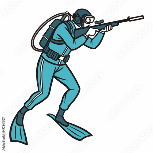 Illustrated diver aiming a rifle with transparent background suitable for various creative design projects and graphic uses.