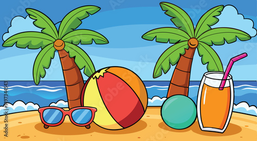 A cartoon illustration of a beach scene with a beach scene with a beach scene and palm trees
