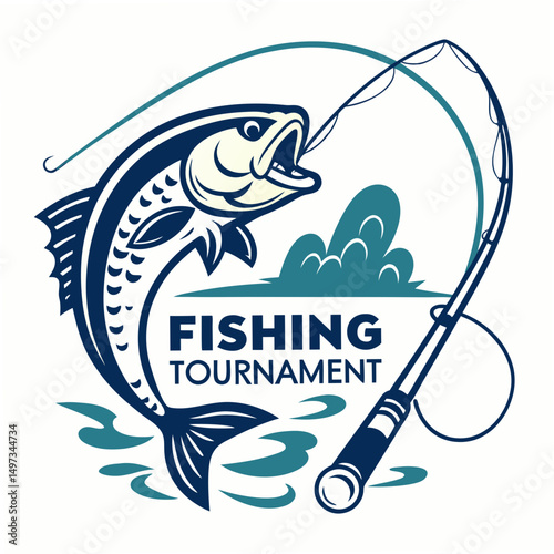 Illustration of a fish leaping with a fishing rod in a stylish design promoting fishing tournament graphics