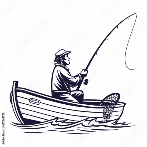 Illustration of a fisherman fishing in a boat using a fishing rod with transparency suitable for various design projects