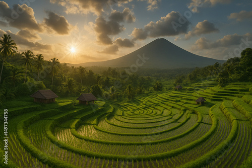 Tropical Mountain Landscape with Terraced Fields at Dawn