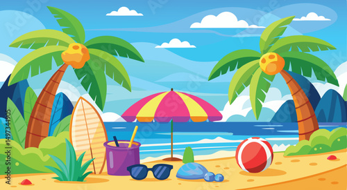 A cartoon illustration of a beach scene with a beach scene with a beach scene and palm trees
