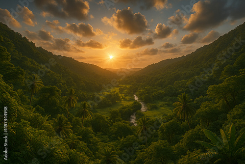 Sunrise Over Verdant Tropical Jungle and Mountain Valley