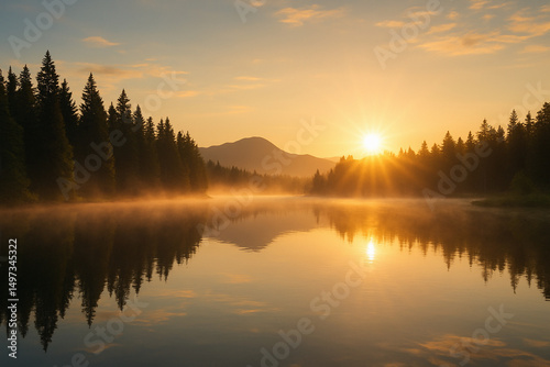 Golden Sunrise over Forest Lake