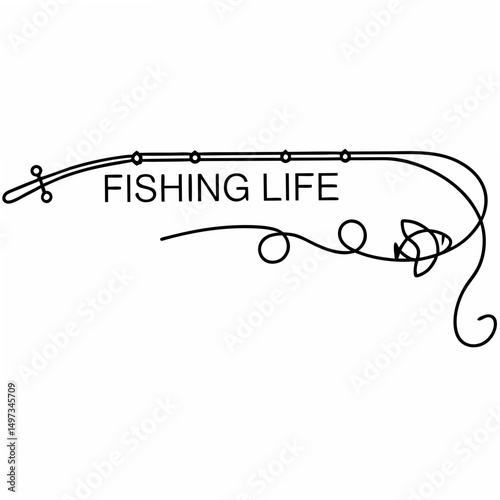 Minimalist black line art fishing rod and fish illustration with fishing life text on transparent background
