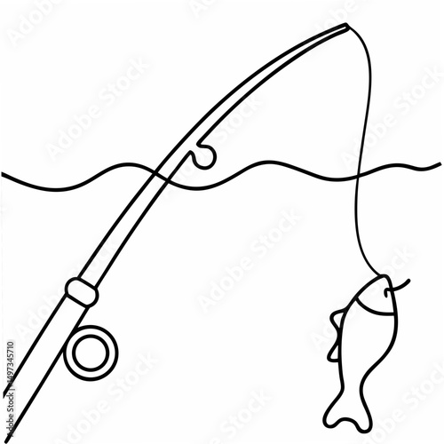 Minimalist black line art illustration of fishing rod and fish with transparent background perfect for design applications