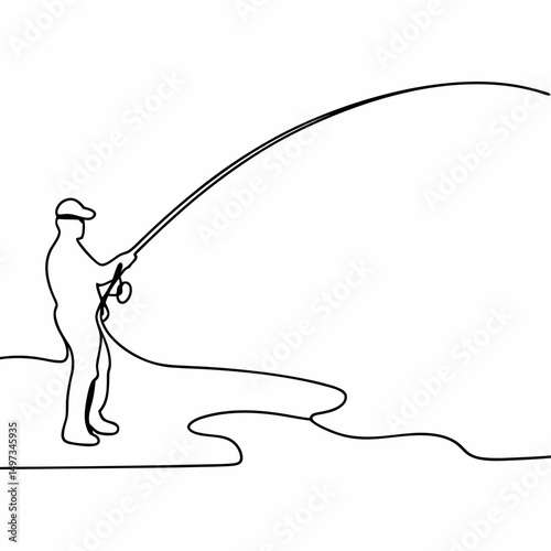 Minimalist line art illustration of a fisherman casting a fishing rod with graphic wave elements and transparency