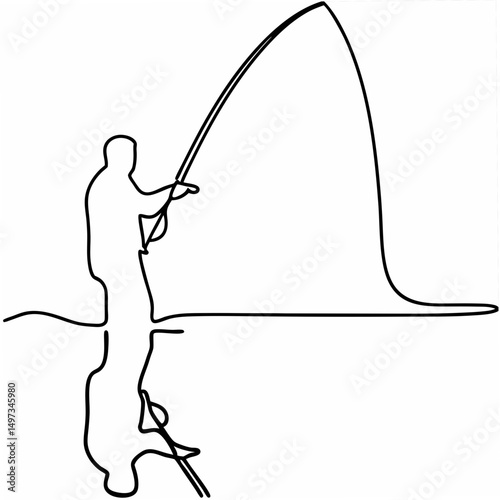 Minimalist line drawing of a fisherman angling with reflection illustrating activity and leisure concept.