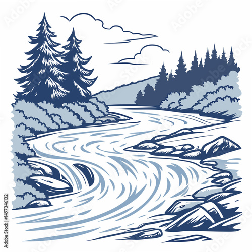 Scenic illustration depicting a flowing river through a forest with trees, mountains and clouds, on a white background.