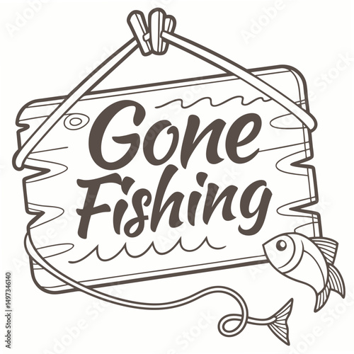 Rustic "gone fishing" sign in brown with a decorative fish element ready to be used in various design projects