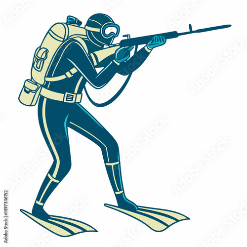 Scuba diver aiming a rifle with diving gear vector illustration suitable for sports and adventure themes.