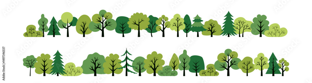 Green deciduous and coniferous trees isolated on a white background. Design concept for a poster, banner. Flat style elements. Vector illustration. Trees illustrations 