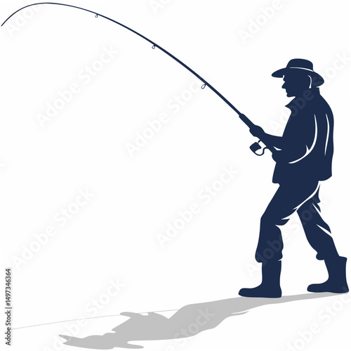 Silhouette illustration of a fisherman casting his rod fishing on a white background suitable for designs