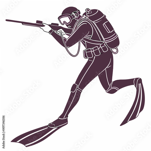 Silhouette of a diver with a spear gun in action with fins and scuba gear on a transparent background