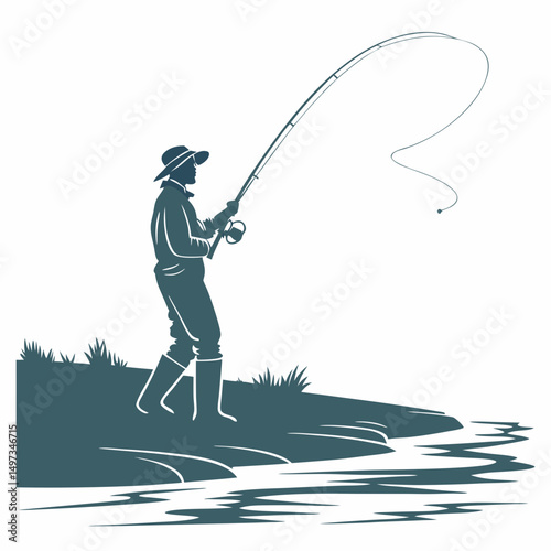 Silhouette of a fisherman casting a line with a curved rod next to a calm river ready to catch fish
