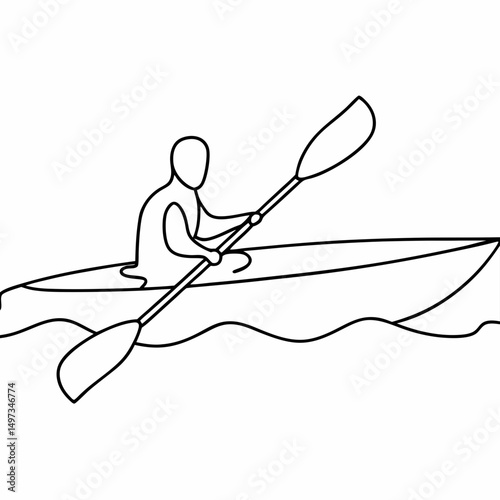 Silhouette of kayaker paddling a boat on the water line art illustration for recreational activity