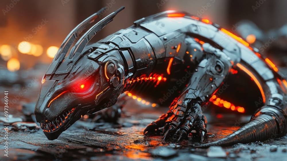 Fototapeta premium Robotic Komodo with armor plating, glowing red cybernetic eyes, background wallpaper AI generated image