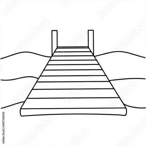 Simple line art illustration of a wooden pier extending into the ocean suitable for various design applications