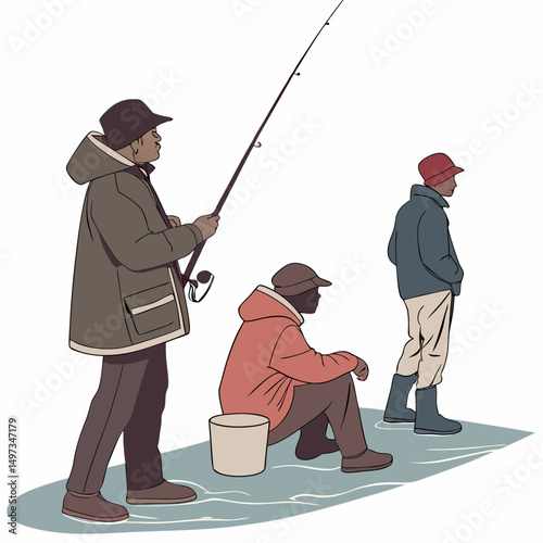 Three individuals fishing leisure activity in a calm day cartoon illustration with artistic colorful style.
