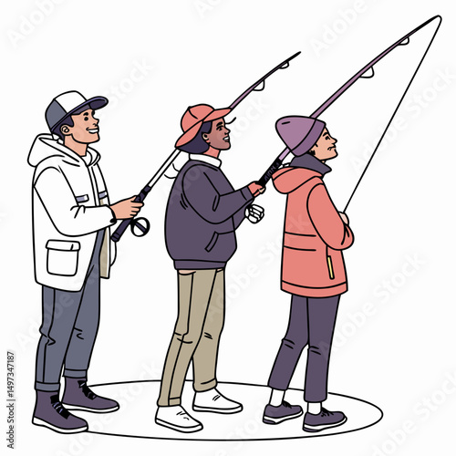 Three people fishing on a sunny day a cartoon illustration with clean lines and simple color pallet suitable for various design projects.