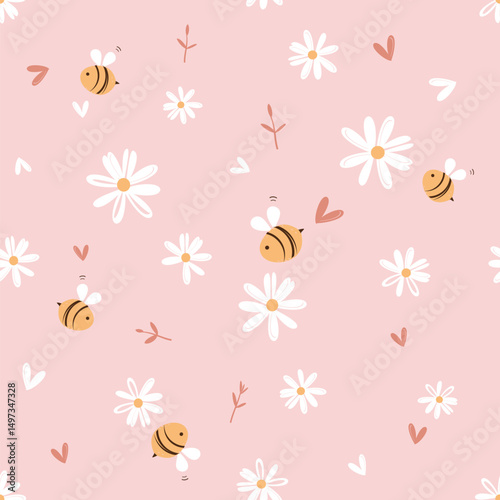 Seamless pattern with daisy chamomile flower, bee cartoons and hand drawn hearts on pink background vector.