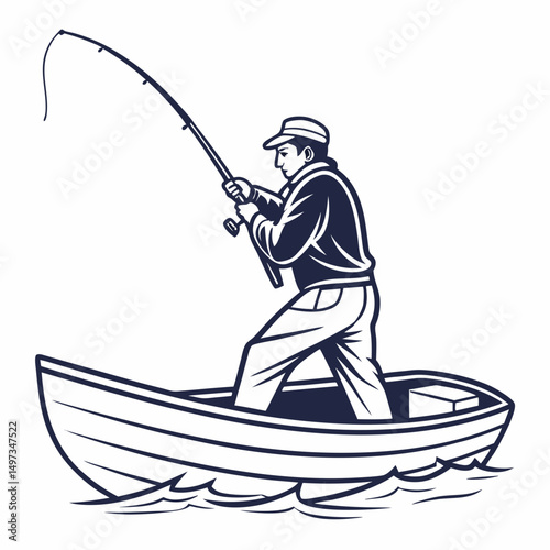 Vector illustration of a fisherman in a boat angling with a fishing rod on a transparent background for design purposes.